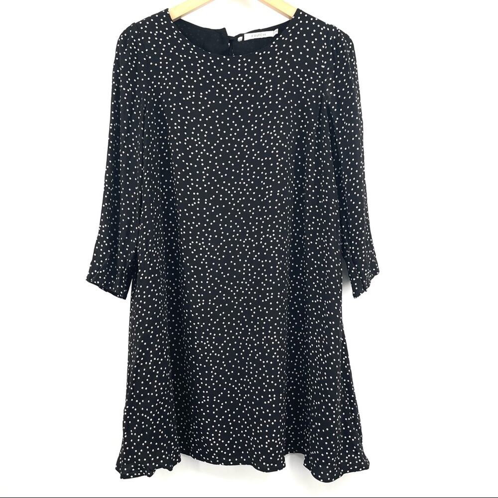 FRNCH Paris Dot Long Sleeve Dress Tie Neck B&W Polka Dots Flare Parisian SZ S/M
